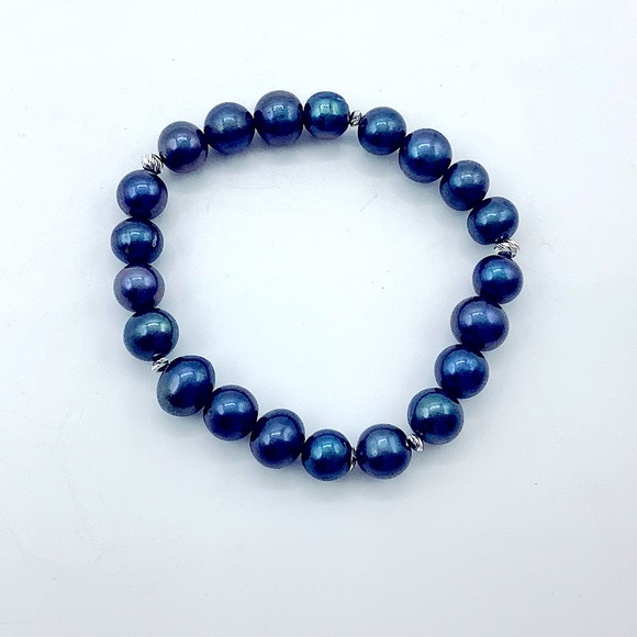 Cultured Freshwater Blue Pearl Stretch Bracelet Silver Separators, 6” - Picture 4 of 6